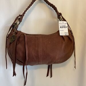Lucky Brand Genuine Leather Brown Braided Strap Shoulder Bag Zipper Closure